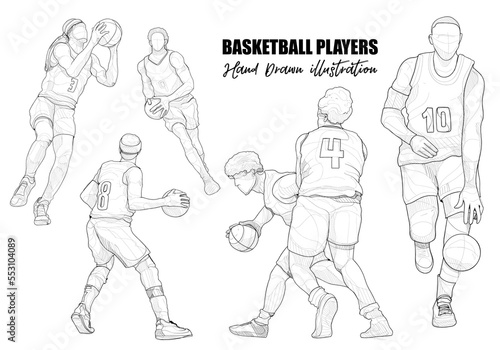 Hand drawn illustration of basketball players set. sport vector sketch