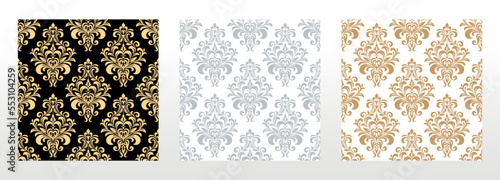 Wallpapers in the style of Baroque. Seamless vector backgrounds. Set of colored floral ornaments. Graphic patterns for fabric, wallpaper, packaging. Ornate Damask flower ornaments