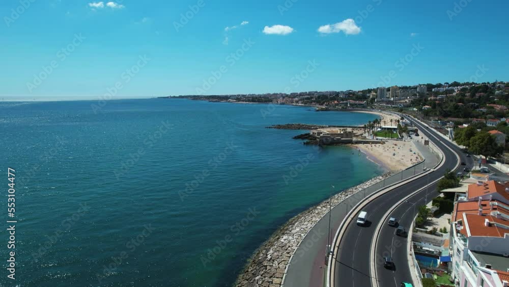 Aerial view paralell to coast Caxias and the Fort of Sao Bruno, in sunny Portugal Aerial view paralell to coast Caxias and the Fort of Sao Bruno, in sunny Portugal