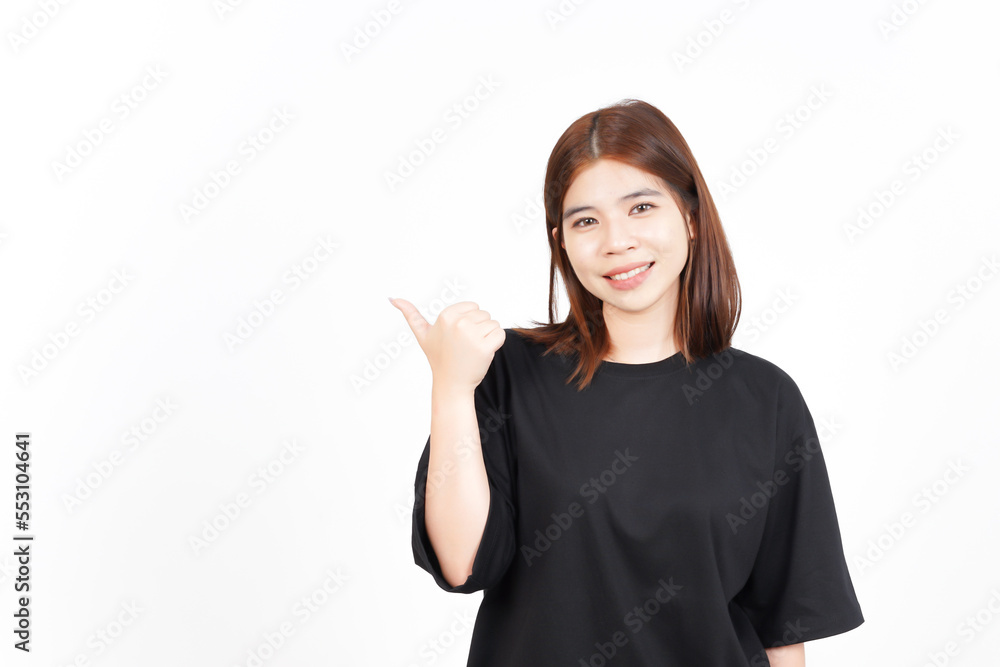 Presenting and Pointing Side Product Using Thumb Of Beautiful Asian Woman Isolated On White Presenting and Pointing Side Product Using Thumb Of Beautiful Asian Woman Isolated On White
