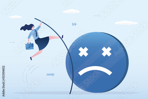 Businesswoman uses pole vault jump over big bad emotion sign. Change to new business bright future or positive lifestyle. Ambition girl change bad mood into good one. Mental health.