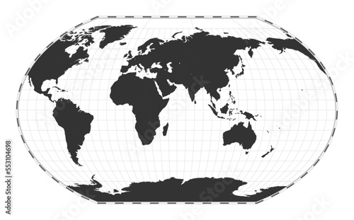 Vector world map. Kavrayskiy VII pseudocylindrical projection. Plan world geographical map with latitude/longitude lines. Centered to 60deg W longitude. Vector illustration.