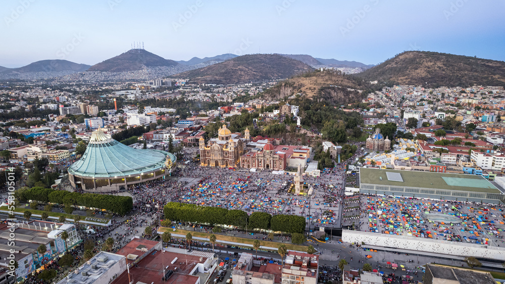 Aerial view of Basilica of Our Lady of Guadalupe. The old and the new Basilica. Basilica de Nuestra Señora Guadalupe, La Villa atrium. square. Mexico City