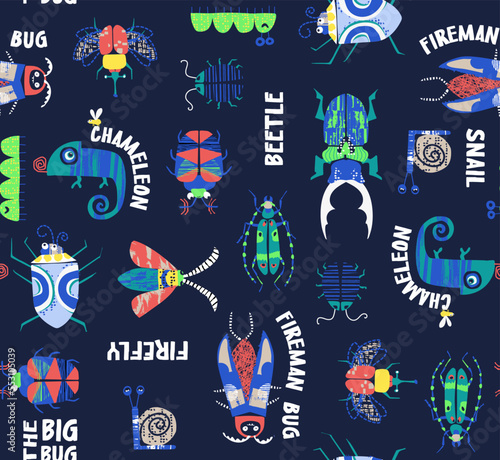 bright stylized chameleon moth beetles on a blue background. pattern for packaging paper, textiles, poster