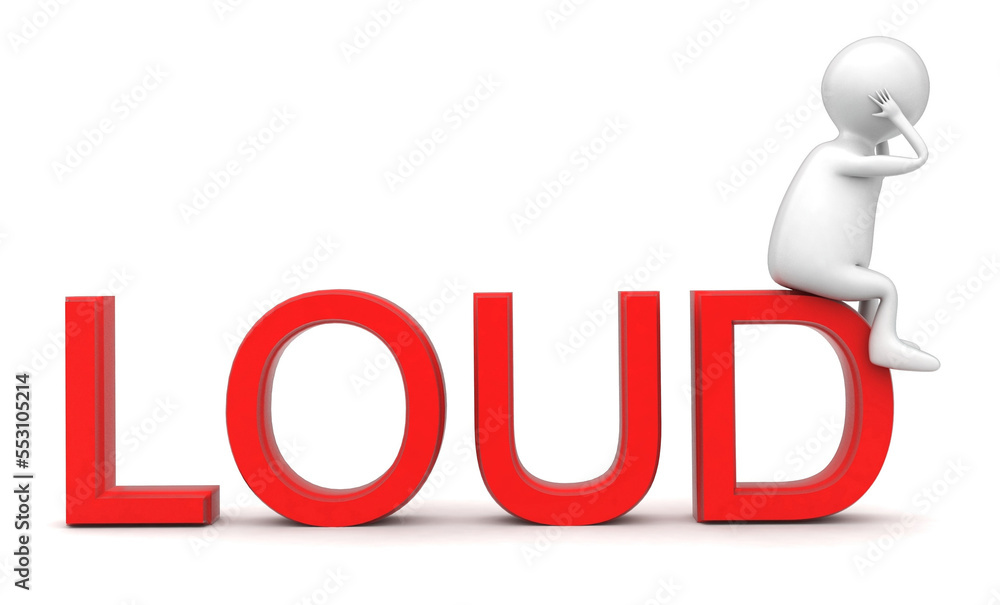 3d man having headache while sitting on loud text concept 3d man having headache while sitting on loud text concept
