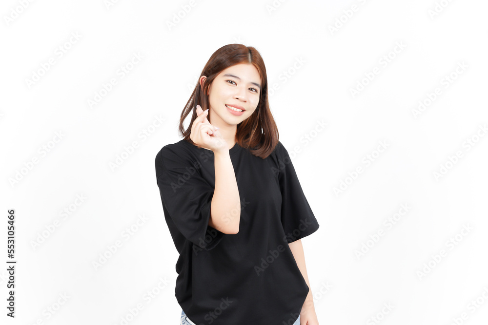 Showing Korean love finger Of Beautiful Asian Woman Isolated On White Background Showing Korean love finger Of Beautiful Asian Woman Isolated On White Background
