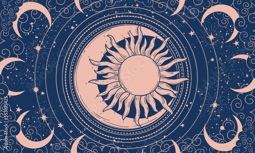 Celestial banner for astrology, background for tarot, concept of zodiac signs and prediction of the future. Boho ornament with sonnet and moon, mystical vector illustration.