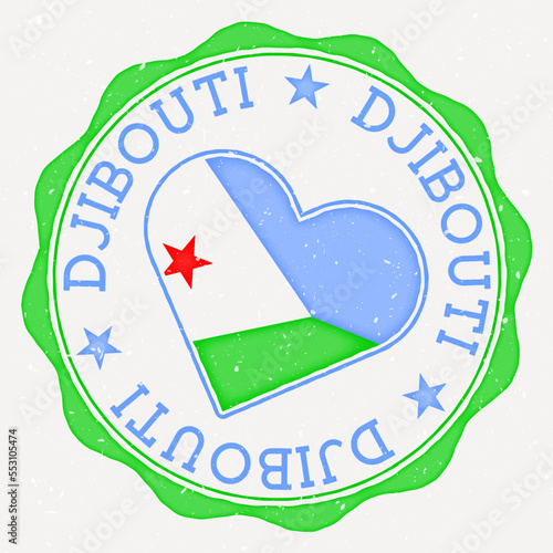 Djibouti heart flag logo. Country name text around Djibouti flag in a shape of heart. Modern vector illustration. photo