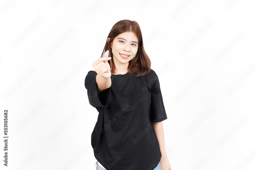 Showing Korean love finger Of Beautiful Asian Woman Isolated On White Background Showing Korean love finger Of Beautiful Asian Woman Isolated On White Background