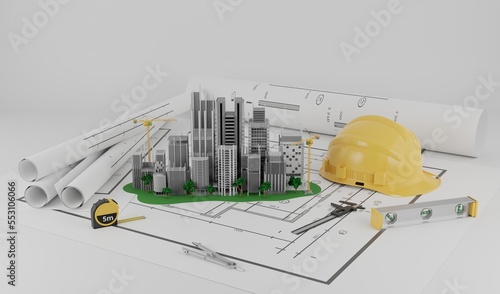 A model building on blueprints with equipment architect.3D rendering photo
