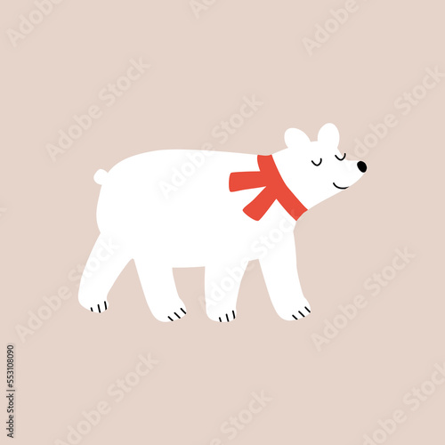 Cute white bear in red scarf hand drawn vector illustration. Isolated adorable Christmas animal in flat style for kids poster, icon or logo.