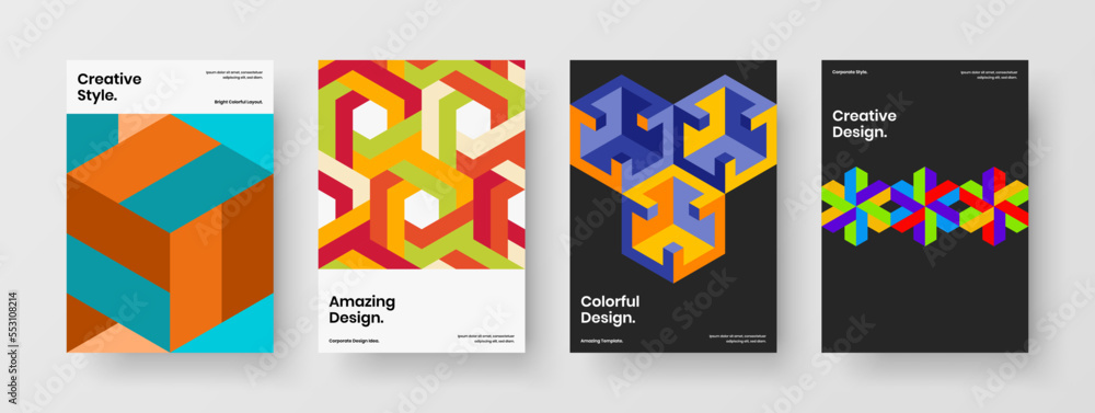Abstract mosaic hexagons company identity concept composition. Trendy booklet vector design illustration set.