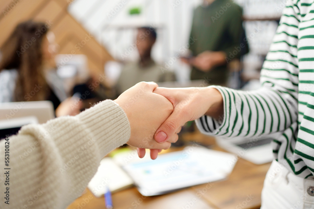 business women shaking hands in a coworking center .