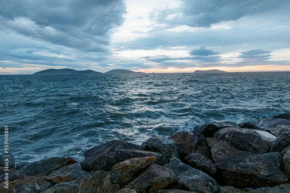  Marmara sea and Princes' Islands  view in stormy weather in the evening. Istanbul. Turkey.
