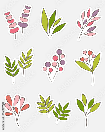 Collection of minimal leaf stickers. Bullet journal stickers, planner, scrapbook stickers design.