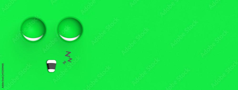 Green face of sleeping cute character. Cute face. relaxation. sleep and rest. Horizontal image. Banner for insertion into site. 3d image. 3D rendering. Green face of sleeping cute character. Cute face. relaxation. sleep and rest. Horizontal image. Banner for insertion into site. 3d image. 3D rendering.