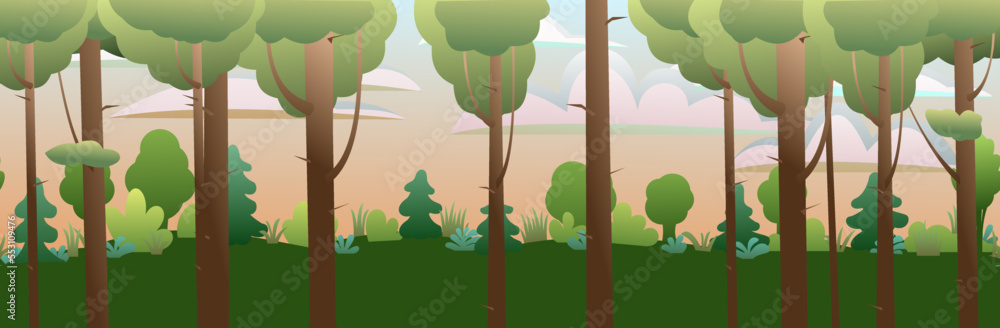 Trees near forest. Green summer landscape with plants. horizontal composition. Cartoon fun style. Flat design. Vector.