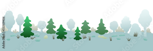 Winter landscape with snowdrifts and snow. Thickets of trees and shrubs. View of white cold nature. Isolated on white background. Horizontally composition. Cartoon fun style. Flat design. Vector
