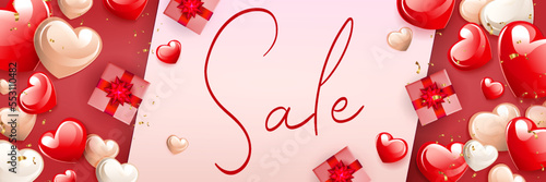 Red illustration with Valentine's day, a set of beautiful hearts