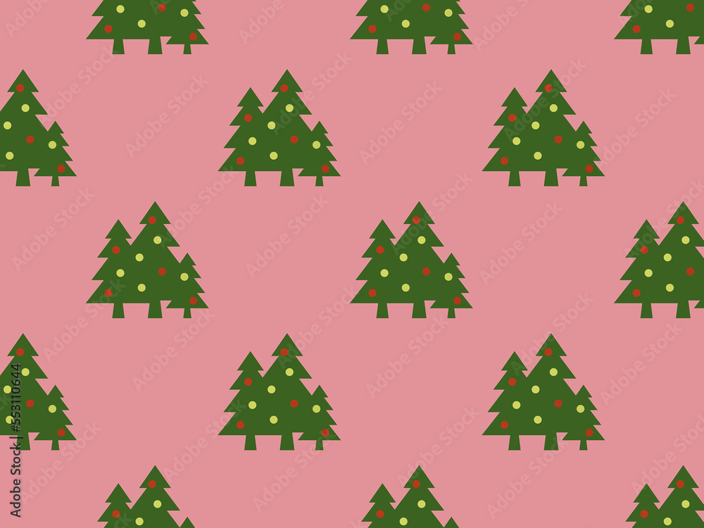 pattern. Image of green Christmas trees with balls on purple red background. Symbol of new year and Christmas. template for overlaying on surface. Horizontal image. 3d image. 3d rendering