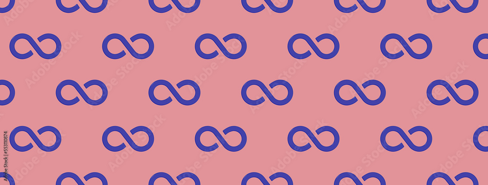 pattern. Sign of infinity is blue, isolated on purple red background. Symbol of infinity. Horizontal image. Banner for insertion into site. 3d image. 3d rendering pattern. Sign of infinity is blue, isolated on purple red background. Symbol of infinity. Horizontal image. Banner for insertion into site. 3d image. 3d rendering
