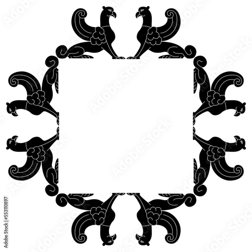 Rectangular frame with fantastic winged griffins. Black and white silhouette.