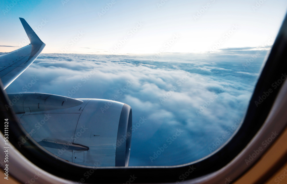 Airplane engine and wings on the sky Airplane engine and wings on the sky