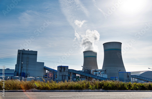 The cooling towers in a power plant