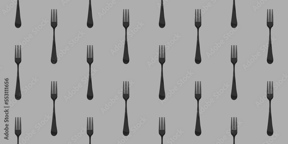 pattern. Fork top view on gray background. Template for applying to surface. Horizontal image. Banner for insertion into site. Flat lay. 3D image. 3D rendering.