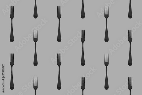 pattern. Fork top view on gray background. Template for applying to surface. Horizontal image. Flat lay. 3D image. 3D rendering.