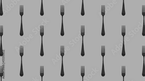 pattern. Fork top view on gray background. Template for applying to surface. Horizontal image. Banner for insertion into site. Flat lay. 3D image. 3D rendering.