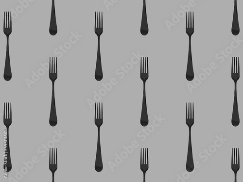 pattern. Fork top view on gray background. Template for applying to surface. Horizontal image. Flat lay. 3D image. 3D rendering.