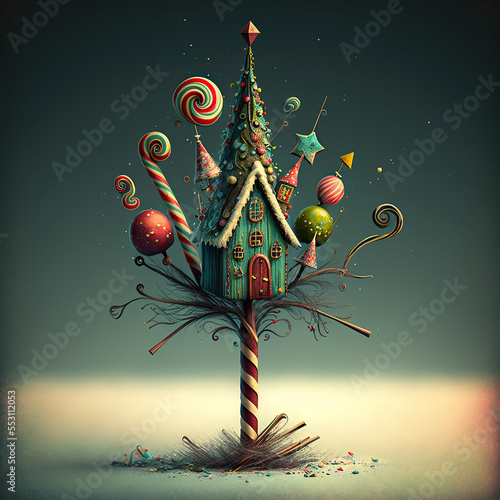 Christmas bird home decorated wuth a christmas tree and ornaments on a candy cane stick photo