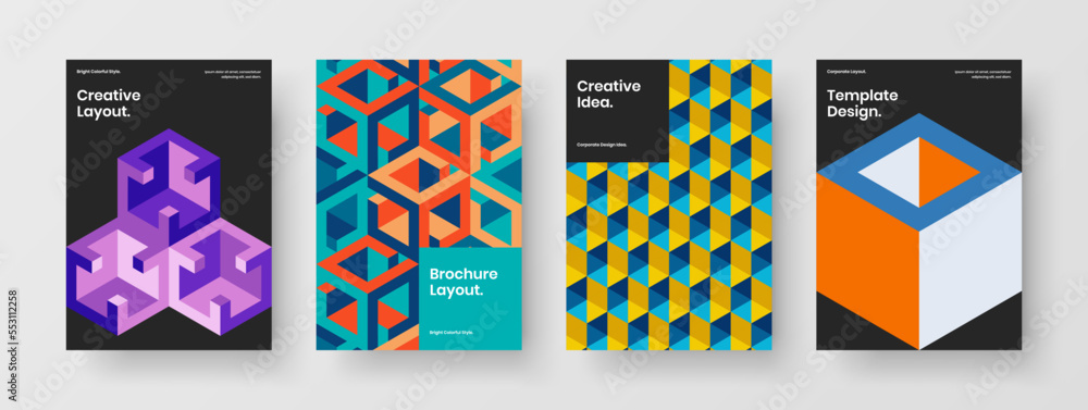 Bright geometric tiles leaflet illustration collection. Clean corporate cover A4 design vector layout composition.