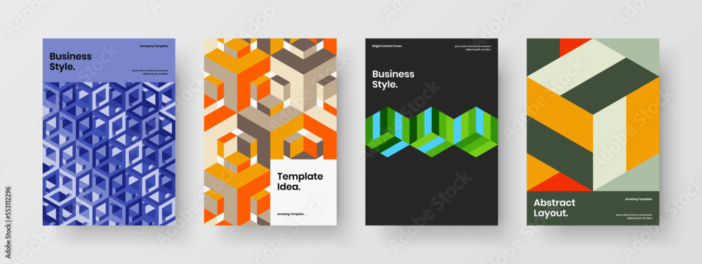 Simple book cover design vector template bundle. Bright mosaic tiles leaflet layout set.