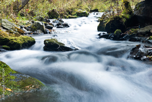 Mossy rocks in stream with smooth flowing water