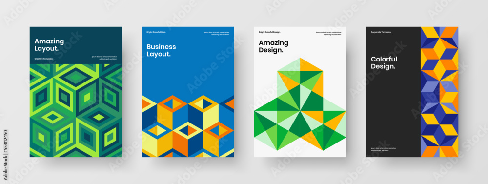 Amazing geometric shapes pamphlet concept bundle. Clean company brochure A4 design vector template collection.