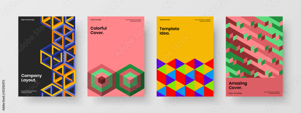 Amazing magazine cover A4 design vector concept bundle. Creative mosaic pattern booklet illustration set.