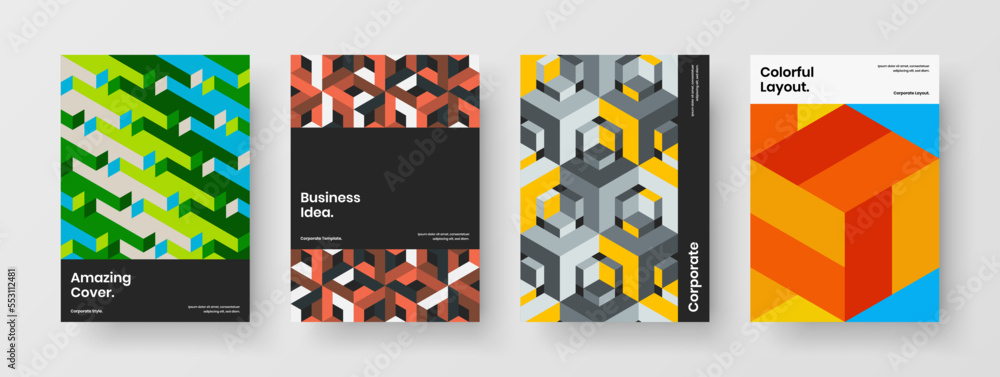 Trendy geometric pattern presentation template composition. Fresh magazine cover A4 design vector layout collection.