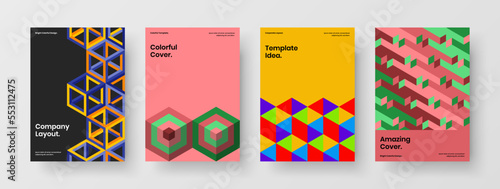 Amazing magazine cover A4 design vector concept bundle. Creative mosaic pattern booklet illustration set.