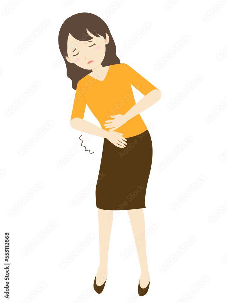 腹痛に苦しむ女性の全身イラスト 腹痛に苦しむ女性の全身イラスト