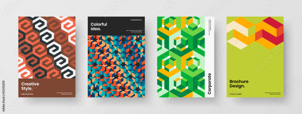 Vivid company brochure A4 vector design layout bundle. Bright mosaic shapes corporate identity template composition. Vivid company brochure A4 vector design layout bundle. Bright mosaic shapes corporate identity template composition.