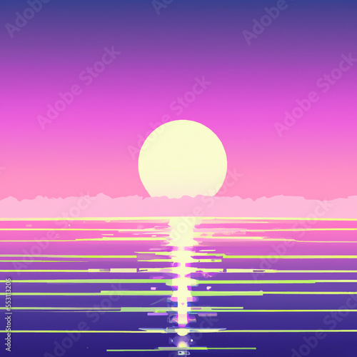 Blue nature background with sea red sunset. Panorama of the ocean sunset