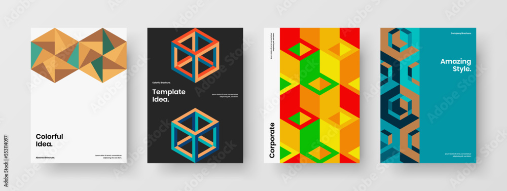 Isolated brochure A4 design vector illustration bundle. Trendy geometric hexagons postcard concept set. Isolated brochure A4 design vector illustration bundle. Trendy geometric hexagons postcard concept set.