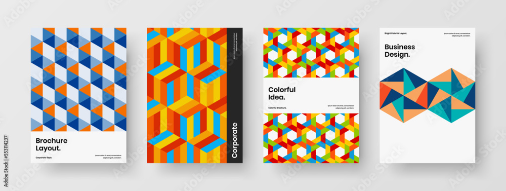 Isolated geometric tiles company cover layout bundle. Clean brochure vector design concept set. Isolated geometric tiles company cover layout bundle. Clean brochure vector design concept set.