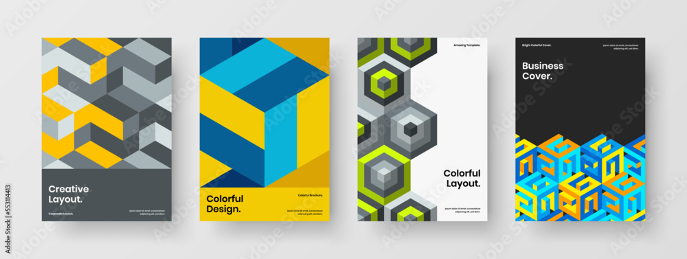 Vivid company brochure A4 vector design concept set. Multicolored geometric tiles poster illustration collection.