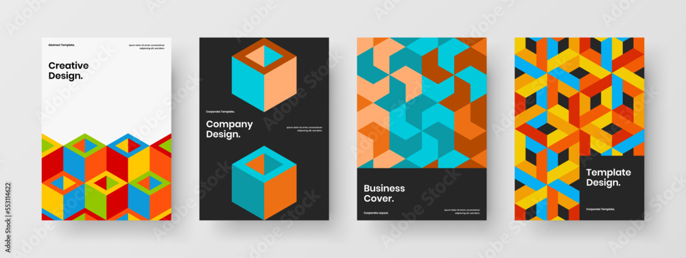 Simple geometric hexagons front page illustration composition. Modern catalog cover A4 vector design layout collection. Simple geometric hexagons front page illustration composition. Modern catalog cover A4 vector design layout collection.
