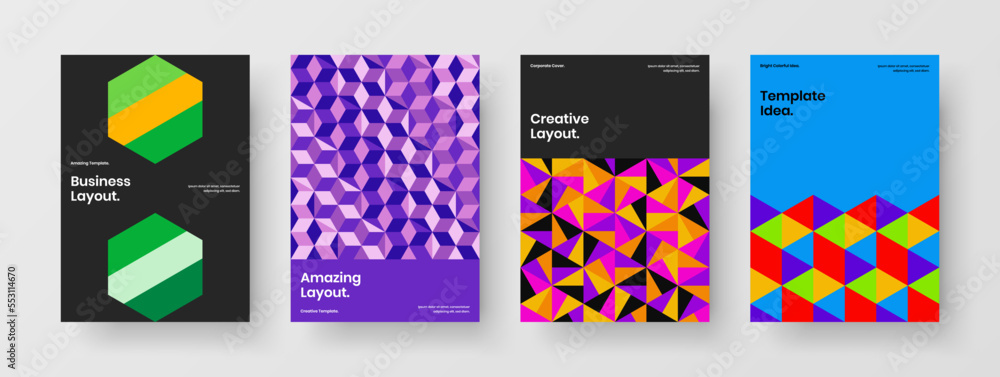 Fresh corporate cover vector design illustration collection. Vivid mosaic shapes booklet layout composition.