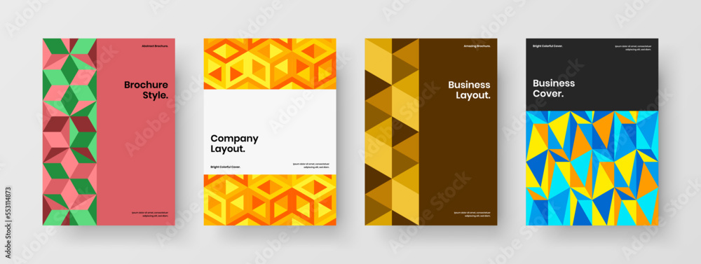 Multicolored mosaic shapes handbill template collection. Clean corporate brochure A4 design vector illustration set.
