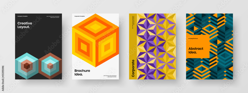 Isolated geometric pattern leaflet layout set. Clean company cover vector design template composition.
